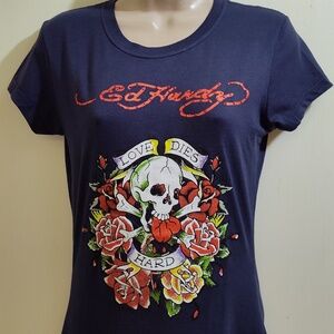 Ed Hardy Dark Blue Skull and Roses Tee Love Dies Hard Rhinestone Logo Name Size